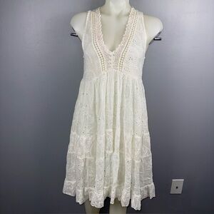 RANEES Dress Swim Beach Cover Women’s M White Cotton Lace Sequins Flouncy *READ